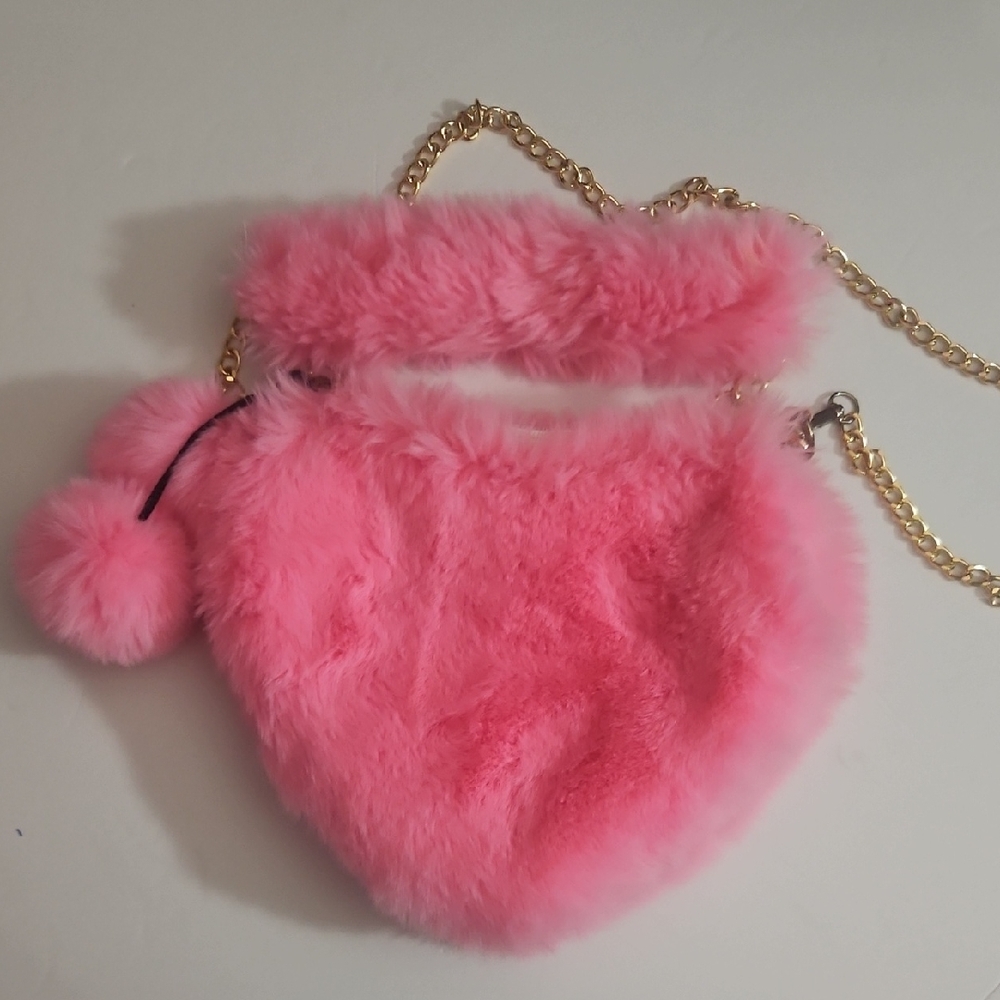 Fuzzy Pink Shoulder Bag with Gold Chain